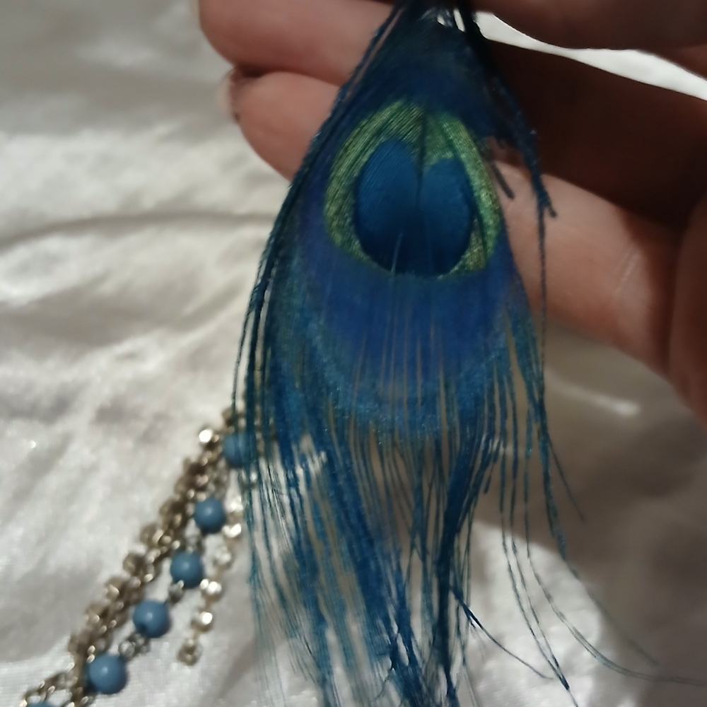 Blue Beaded Feather Earrings View 6